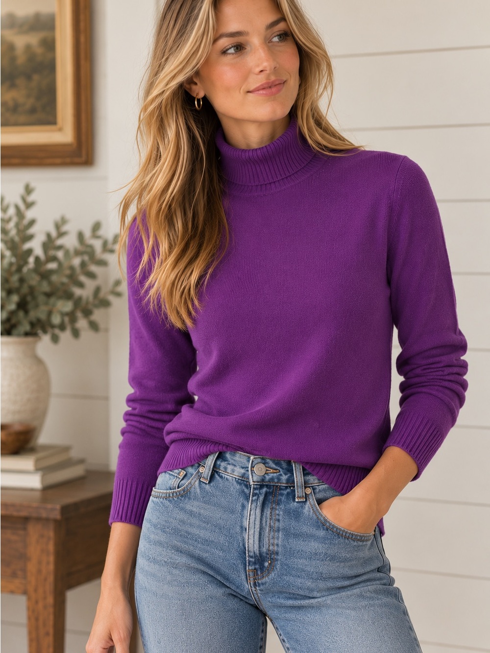 French Connection Purple Turtleneck Sweater Medium • Ribbed Knit